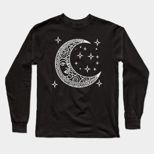 Crescent Moon and Stars (White) Long Sleeve T-Shirt